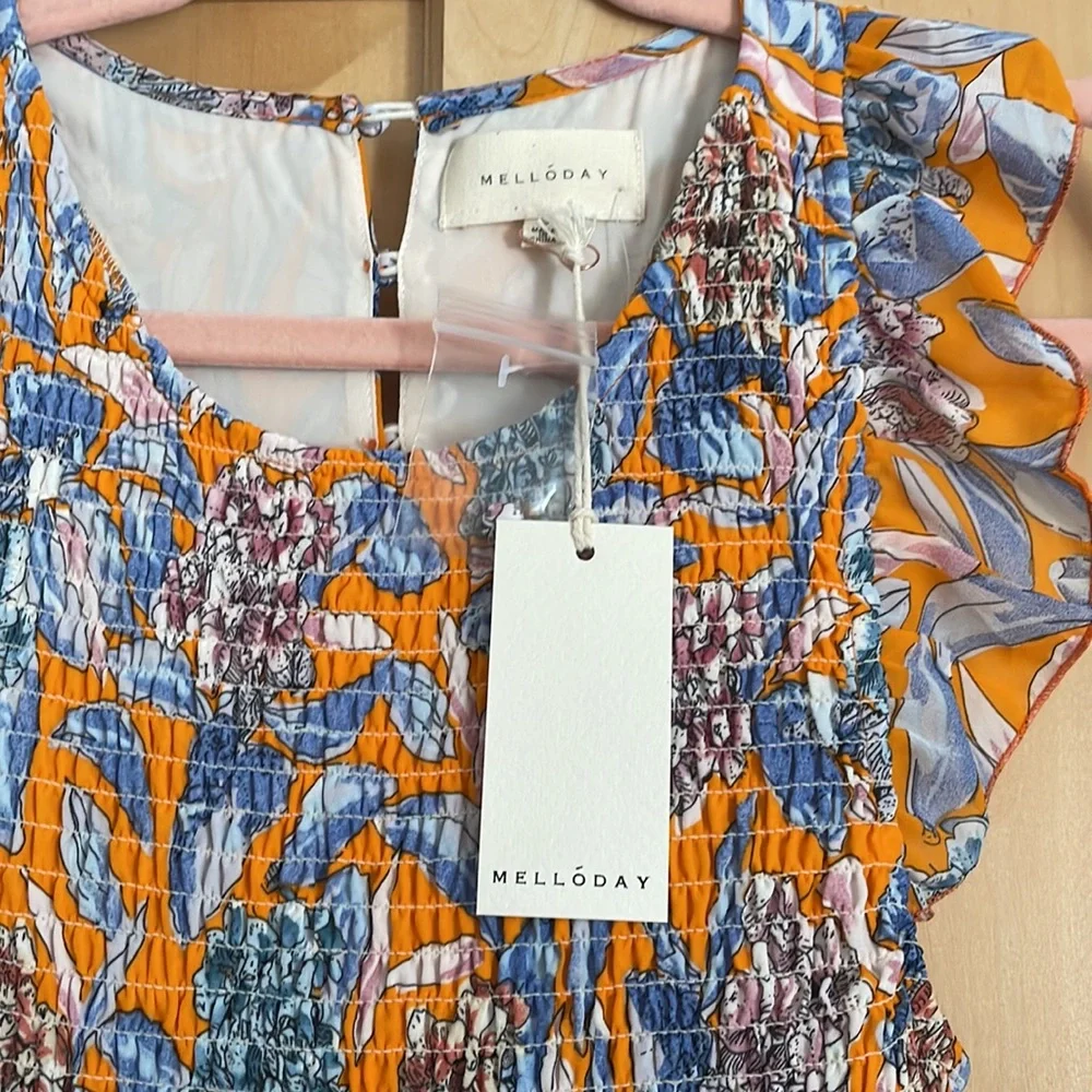 NWT Melloday Orange Tropical Smocked Bodice Ruffle Dress with Pockets in Size S - Picture 4 of 5